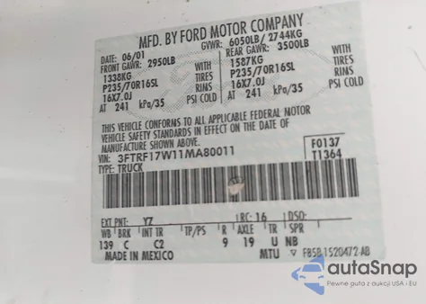 2001 Ford F-150 Xl/Xlt из США, поврежденный, VIN 3FTRF17W11MA80011